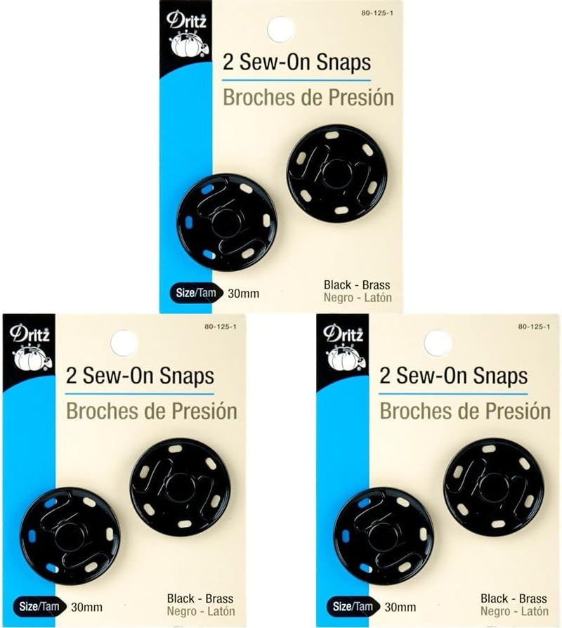 Dritz 80-125-1 Sew-On Snaps, Black, 30mm 2-Count (Pack of 3) - Image 1